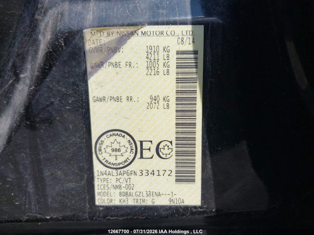 Продажа на аукционе авто 2015 Nissan Altima 2.5/2.5 S/2.5 Sl/2.5 Sv, vin: 1N4AL3AP6FN334172, номер лота: 12667700