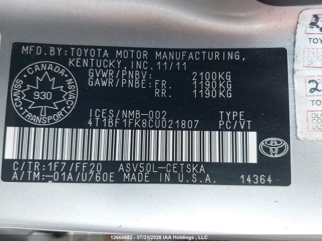 2012 Toyota Camry Se მანქანა იყიდება აუქციონზე, vin: 4T1BF1FK8CU021807, აუქციონის ნომერი: 12668682