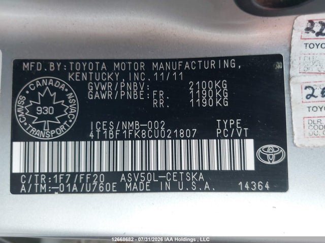 2012 Toyota Camry Se მანქანა იყიდება აუქციონზე, vin: 4T1BF1FK8CU021807, აუქციონის ნომერი: 12668682