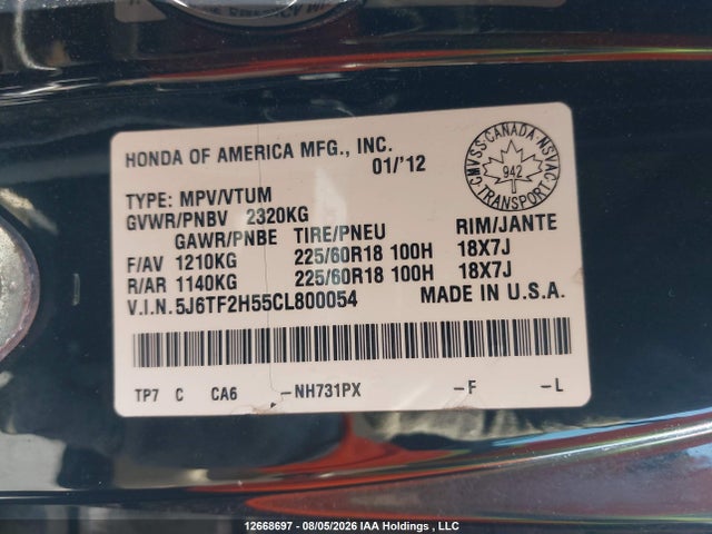 Продажа на аукционе авто 2012 Honda Crosstour Ex-l, vin: 5J6TF2H55CL800054, номер лота: 12668697