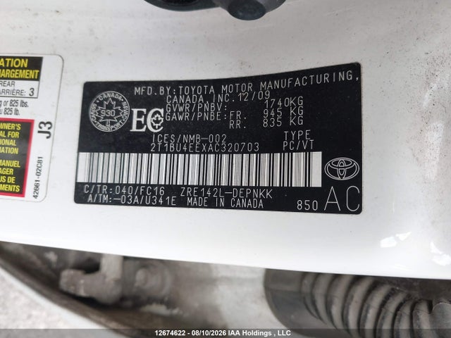12674622 :رقم المزاد ، 2T1BU4EEXAC320703 vin ، 2010 Toyota Corolla Le مزاد بيع