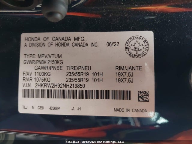 Honda Cr-v Touring 2022 2HKRW2H92NH219850 Image 9