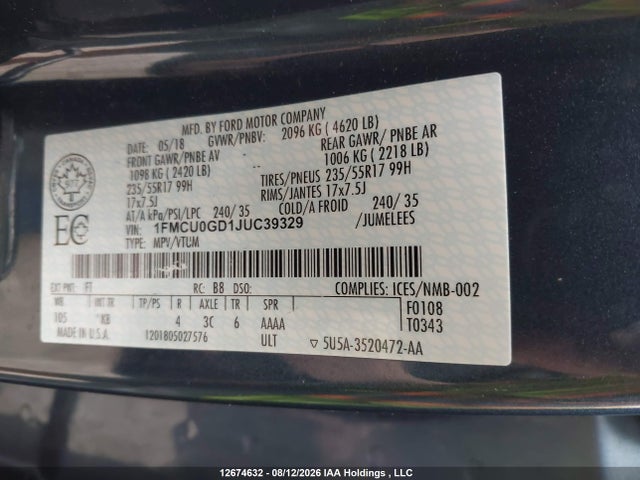 Продажа на аукционе авто 2018 Ford Escape, vin: 1FMCU0GD1JUC39329, номер лота: 12674632