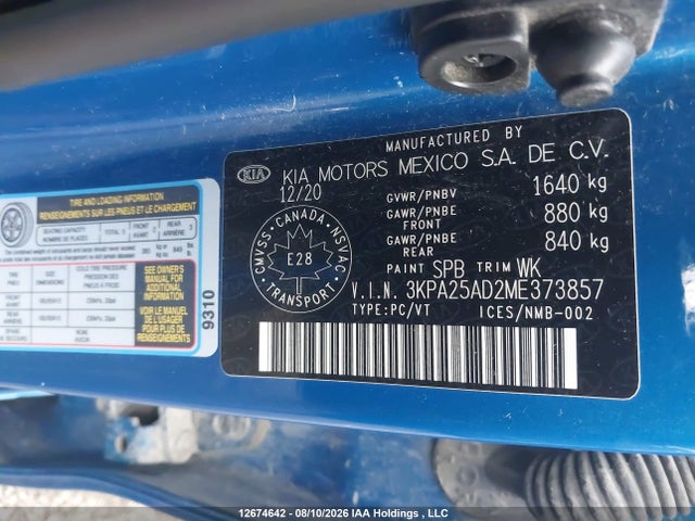 Aukcja sprzedaży 2021 Kia Rio Lx Premium/lx+, vin: 3KPA25AD2ME373857, numer aukcji: 12674642
