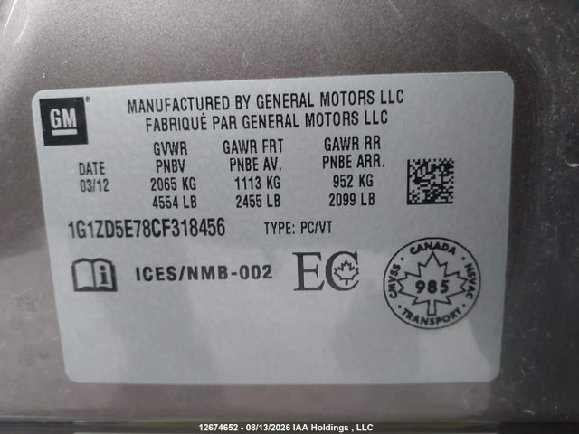 2012 Chevrolet Malibu Lt Platium Edition მანქანა იყიდება აუქციონზე, vin: 1G1ZD5E78CF318456, აუქციონის ნომერი: 12674652
