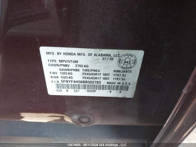 Aukcja sprzedaży 2011 Honda Pilot Exl, vin: 5FNYF4H56BB502783, numer aukcji: 12674655