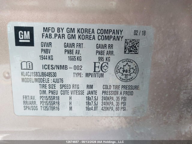 Auction sale of the 2018 Buick Encore Sport Touring, vin: KL4CJ1SB3JB648530, lot number: 12674657