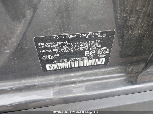 Auction sale of the 2021 Subaru Crosstrek Touring, vin: JF2GTAPC2MH208756, lot number: 12674661