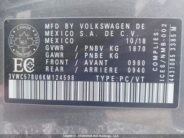 Продажа на аукционе авто 2019 Volkswagen Jetta 1.4 Tsi Comfortline, vin: 3VWC57BU6KM124598, номер лота: 12659513