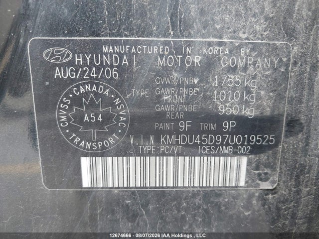 Продаж на аукціоні авто 2007 Hyundai Elantra Gl/gls, vin: KMHDU45D97U019525, номер лоту: 12674666