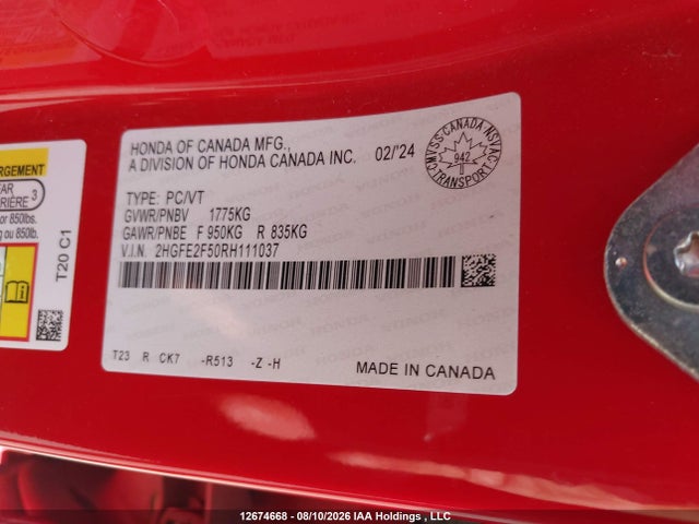 Honda Civic 2024 2HGFE2F50RH111037 Image 9