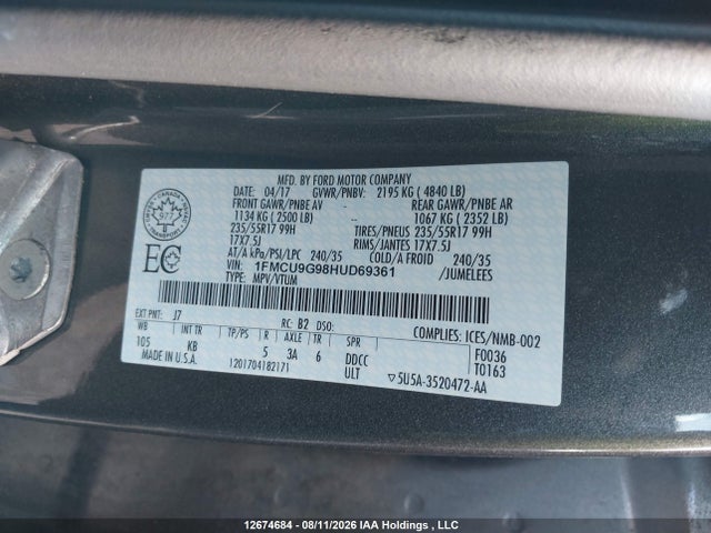 Ford ESCAPE SE 2017 1FMCU9G98HUD69361 Image 9