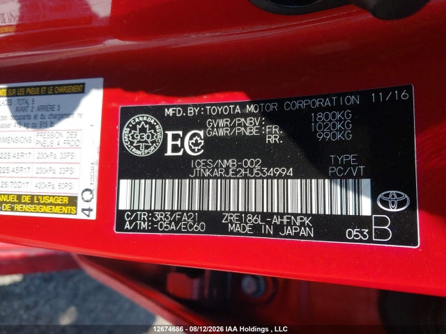 Aukcja sprzedaży 2017 Toyota Corolla Im, vin: JTNKARJE2HJ534994, numer aukcji: 12674686