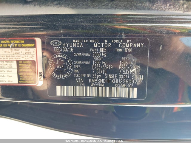 Продаж на аукціоні авто 2017 Hyundai Santa Fe Xl Limited, vin: KM8SNDHFXHU236097, номер лоту: 12674694