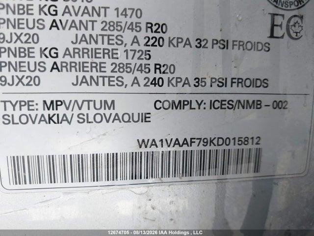 Aukcja sprzedaży 2019 Audi Q7 Prestige, vin: WA1VAAF79KD015812, numer aukcji: 12674705