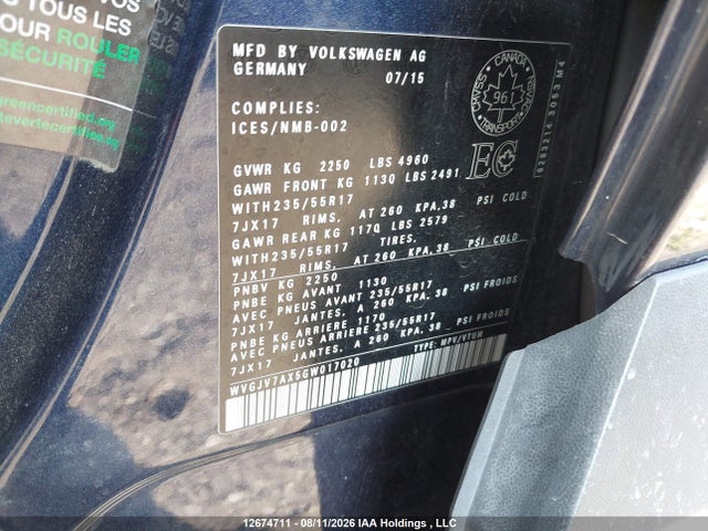 Продаж на аукціоні авто 2016 Volkswagen Tiguan Comfort/high/r-line/sp Ed, vin: WVGJV7AX5GW017020, номер лоту: 12674711