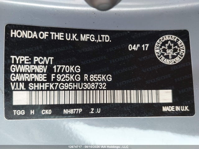 Продаж на аукціоні авто 2017 Honda Civic Sport Touring, vin: SHHFK7G95HU308732, номер лоту: 12674717