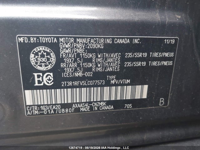 2T3R1RFV5LC077573 Toyota Rav4 Xle