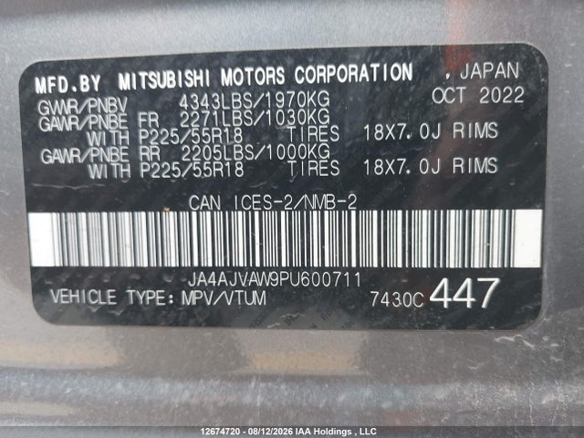 2023 Mitsubishi Rvr მანქანა იყიდება აუქციონზე, vin: JA4AJVAW9PU600711, აუქციონის ნომერი: 12674720