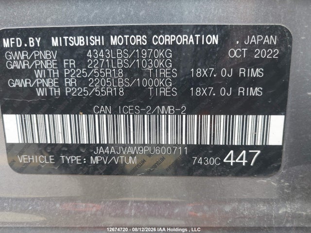 2023 Mitsubishi Rvr მანქანა იყიდება აუქციონზე, vin: JA4AJVAW9PU600711, აუქციონის ნომერი: 12674720