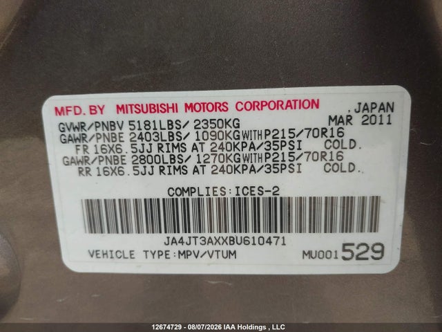 12674729 :رقم المزاد ، JA4JT3AXXBU610471 vin ، 2011 Mitsubishi Outlander Ls مزاد بيع