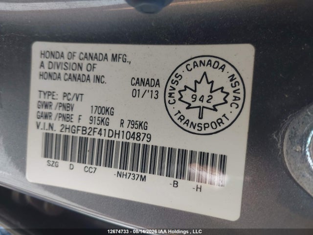 Продаж на аукціоні авто 2013 Honda Civic Lx, vin: 2HGFB2F41DH104879, номер лоту: 12674733