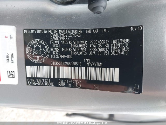 Aukcja sprzedaży 2011 Toyota Sienna Le 8 Passenger, vin: 5TDKK3DC2BS090518, numer aukcji: 12674738