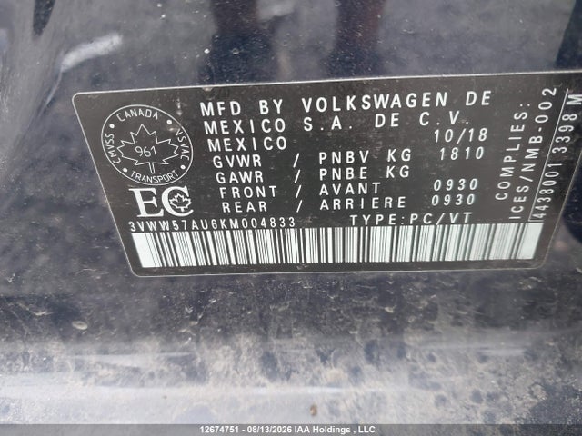 12674751 :رقم المزاد ، 3VWW57AU6KM004833 vin ، 2019 Volkswagen Golf 1.4 Tsi Comfortline/1.4 Tsi Execline/1.4 Tsi Highline مزاد بيع