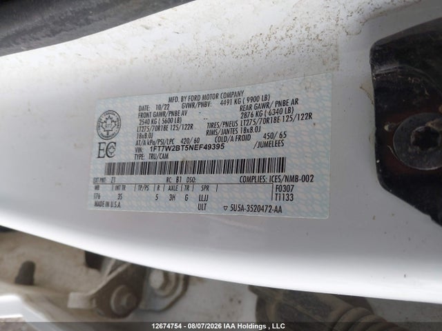 2022 Ford F250 Super Duty მანქანა იყიდება აუქციონზე, vin: 1FT7W2BT5NEF49395, აუქციონის ნომერი: 12674754