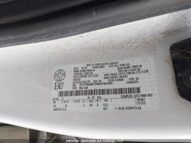 2022 Ford F250 Super Duty მანქანა იყიდება აუქციონზე, vin: 1FT7W2BT5NEF49395, აუქციონის ნომერი: 12674754