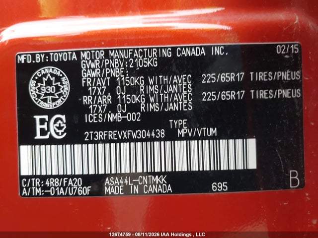 Toyota Rav4 Xle 2015 2T3RFREVXFW304438 Image 9