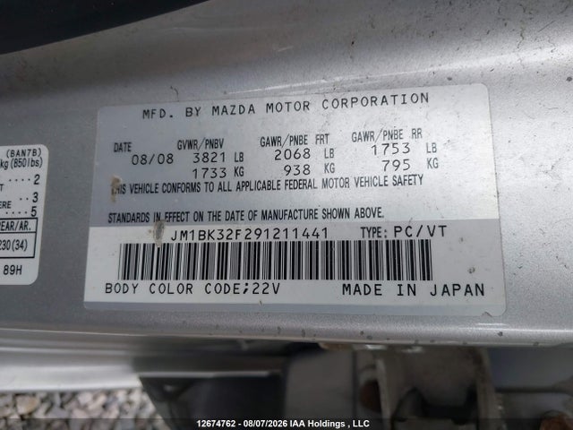 Aukcja sprzedaży 2009 Mazda 3 I, vin: JM1BK32F291211441, numer aukcji: 12674762