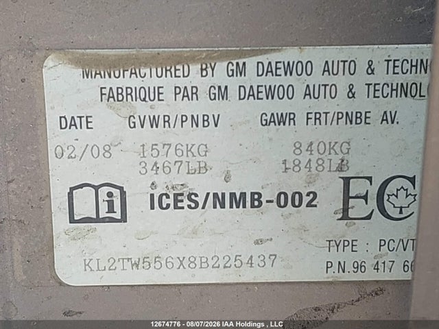 Продажа на аукционе авто 2008 Pontiac Wave Se, vin: KL2TW556X8B225437, номер лота: 12674776
