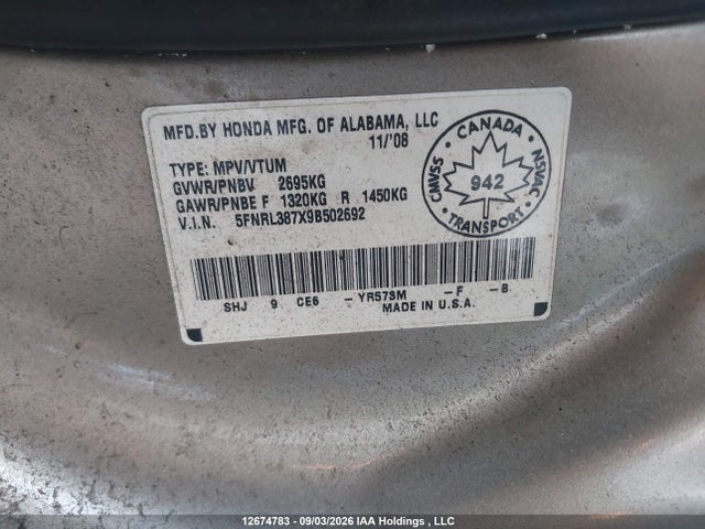 2009 Honda Odyssey Ex-l მანქანა იყიდება აუქციონზე, vin: 5FNRL387X9B502692, აუქციონის ნომერი: 12674783