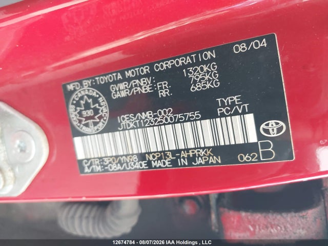 12674784 :رقم المزاد ، JTDKT123250075755 vin ، 2005 Toyota Echo مزاد بيع