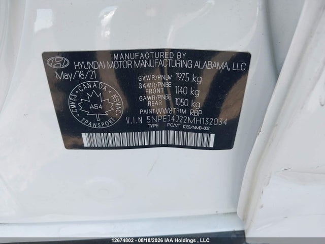 2021 Hyundai Sonata Sel Plus მანქანა იყიდება აუქციონზე, vin: 5NPEJ4J22MH132034, აუქციონის ნომერი: 12674802