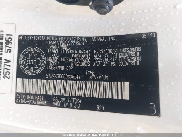 2013 Toyota Sienna V6 7 Passenger მანქანა იყიდება აუქციონზე, vin: 5TDZK3DC6DS369441, აუქციონის ნომერი: 12674806
