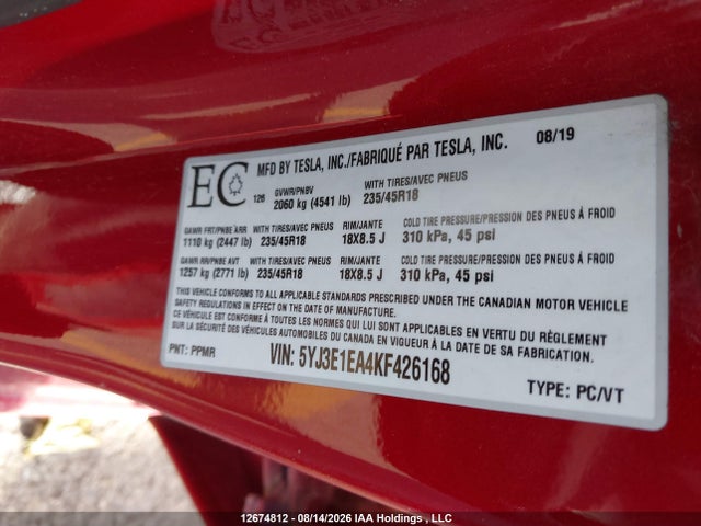 Продажа на аукционе авто 2019 Tesla Model 3 Long Range/mid Range/standard Range/standard Range Plus, vin: 5YJ3E1EA4KF426168, номер лота: 12674812