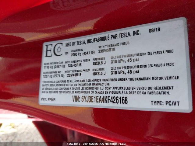 Продажа на аукционе авто 2019 Tesla Model 3 Long Range/mid Range/standard Range/standard Range Plus, vin: 5YJ3E1EA4KF426168, номер лота: 12674812