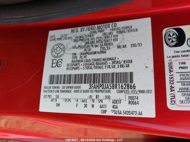 Продажа на аукционе авто 2011 Ford Fusion Sel, vin: 3FAHP0JA5BR162866, номер лота: 12674821