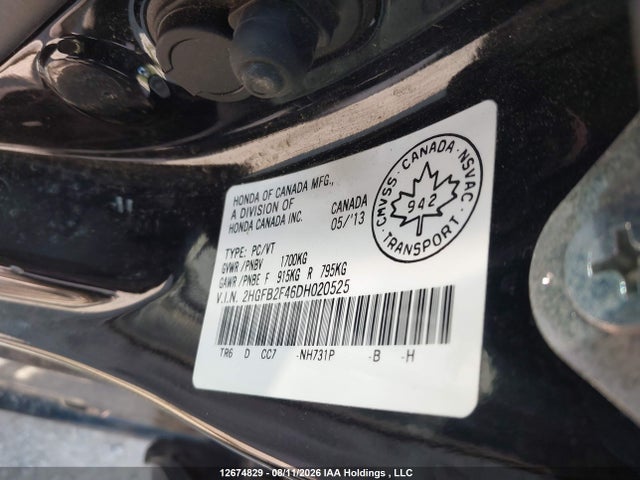 12674829 :رقم المزاد ، 2HGFB2F46DH020525 vin ، 2013 Honda Civic مزاد بيع