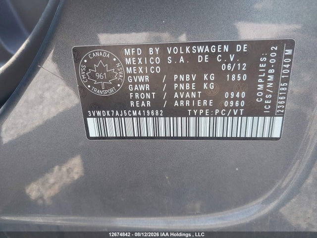 Aukcja sprzedaży 2012 Volkswagen Jetta Sedan, vin: 3VWDK7AJ5CM419682, numer aukcji: 12674842