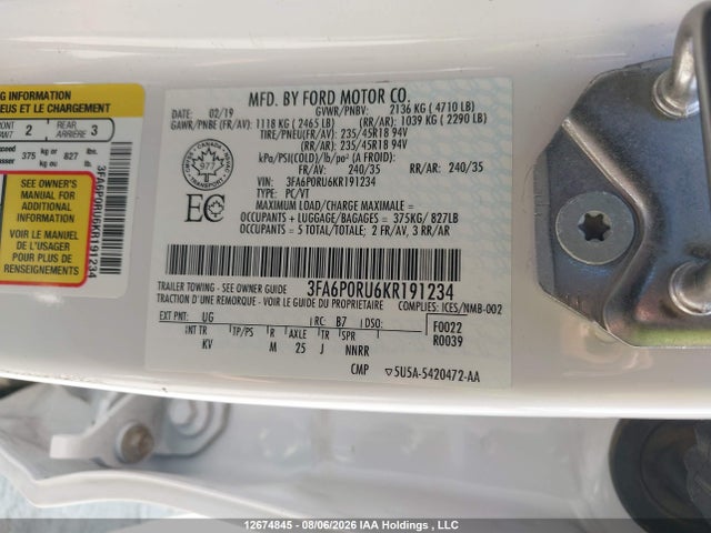 Aukcja sprzedaży 2019 Ford Fusion Hybrid Titanium, vin: 3FA6P0RU6KR191234, numer aukcji: 12674845