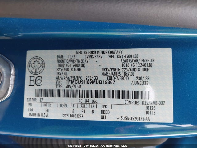 Aukcja sprzedaży 2021 Ford Escape Sel, vin: 1FMCU9H69MUB19867, numer aukcji: 12674853
