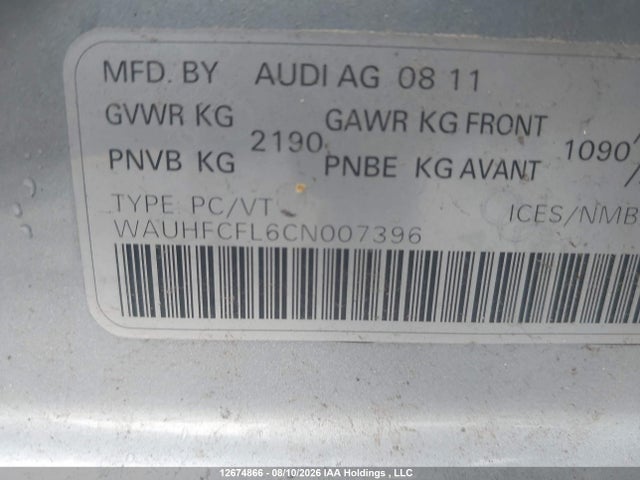 Aukcja sprzedaży 2012 Audi A4 Quattro, vin: WAUHFCFL6CN007396, numer aukcji: 12674866