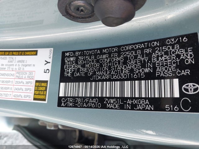 JTDKARFU6G3011615 Toyota Prius