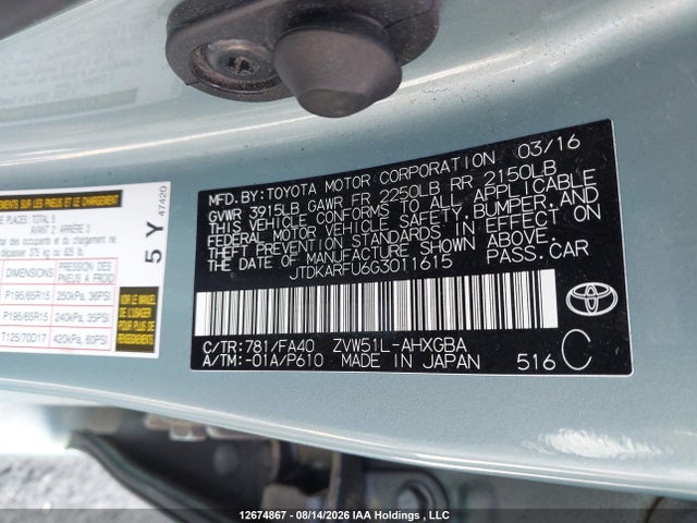 JTDKARFU6G3011615 Toyota Prius
