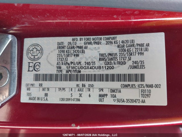 2013 Ford Escape Se მანქანა იყიდება აუქციონზე, vin: 1FMCU0GX4DUB11200, აუქციონის ნომერი: 12674871