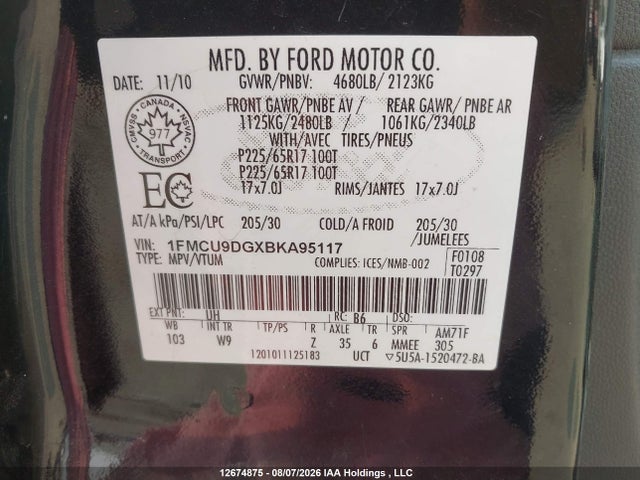 Продаж на аукціоні авто 2011 Ford Escape Xlt Automatic, vin: 1FMCU9DGXBKA95117, номер лоту: 12674875