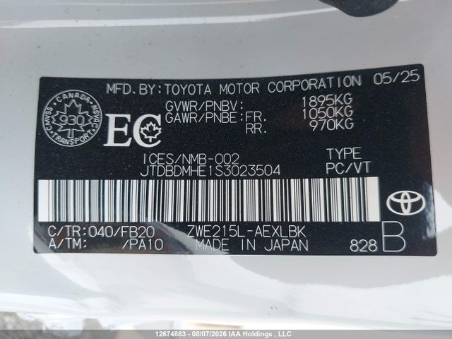 2025 Toyota Corolla Hybrid Le მანქანა იყიდება აუქციონზე, vin: JTDBDMHE1S3023504, აუქციონის ნომერი: 12674883